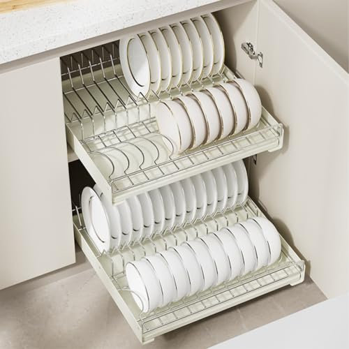 Teleskopschublade, Geschirrtrockner Abtropfgestell Geschirr, SpüLbecken Organizer, Ausziehbare Schublade KüChe Aufbewahrungsregale, Geschirrabtropfgestell Mit Abtropfschale, Kein Bohren, 42x40x8.5cm
