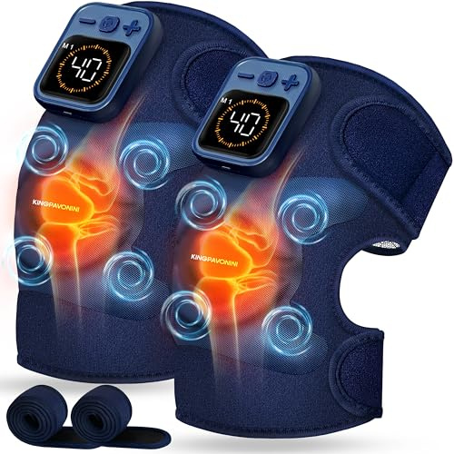 KingPavonini Knie Massagegerät mit Wärme, Knieschmerzen, Blau 2.0 | Kabellose Kniebandage Massagegerät, 4 Motoren Vibration, 2X Massagefläche, 5 Hitzestufen, 6 Modi, Geschenke für Mama Papa