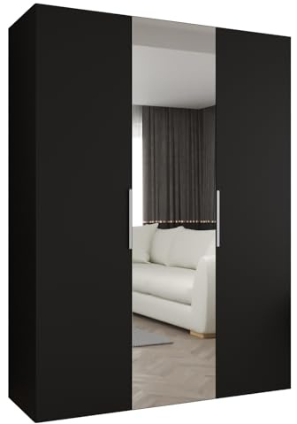 MEBLE KRYSPOL - Kleiderschrank mit Spiegel - Drehtürenschrank - Schrank 150x202x52cm - Garderobenschrank Schlafzimmer, Flur, Jugendzimmer - Farbe Schwarz, Griff Kaschmir - Marbella 2 150