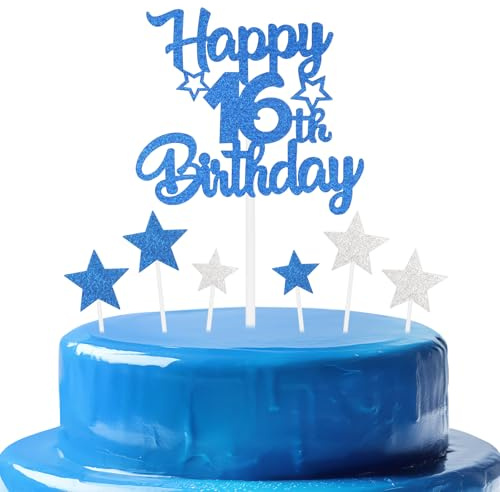 mciskin Kuchendekoration zum 16. Geburtstag für Jungen, personalisierbar, Cupcake-Topper zum 16. Geburtstag, glitzernd, königsblau, für Mädchen, Jungen, Frauen, Männer, Partyzubehör, Dekoration