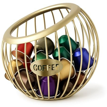 CROWNSHOP Coffee Pod Holder Coffee Pod Basket for Counter Coffee Bar Coffee Capsule Metal Coffee Capsule Storage for Counter Coffee Station Organizer Coffee Bar Accessories (22x22x22cm Gold)