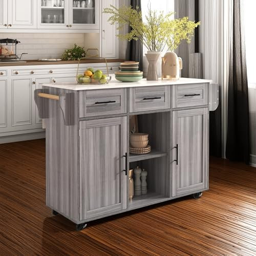 Isla de Cocina de Madera, Carro de Comedor/Armario de Cocina con encimera abatible, Carro de Servicio con 2 Puertas&3 cajones, Armario Buffet(Gris)