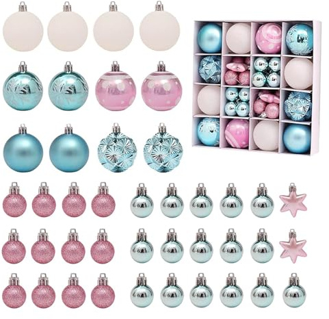 42 Stück Weihnachtskugeln Ornamente mit Schnüre, rosa und blau Weihnachtsbaumschmuck-Set, bruchsichere Kunststoff-Weihnachtsbaumkugeln für Weihnachtsdekorationen, Urlaub, Hochzeit