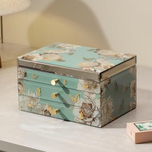 Homruilink Hochwertige Schmuckschatulle aus Glas – 3-stöckiger Schmuckorganizer – Samtgefüttertes Etui zur Aufbewahrung von Ringen, Halsketten, Ohrringen und Armbändern – Geschenk für Frauen