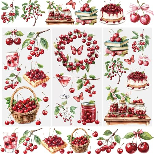 WANDIC 3 Bögen Kirsch-Aufkleber zum Aufreiben, Obst, Scrapbooking, niedliche Fensteraufkleber, wasserdichte Aufkleber, Tassenfolie für DIY-Möbel, Fotoalben, 15 x 30 cm