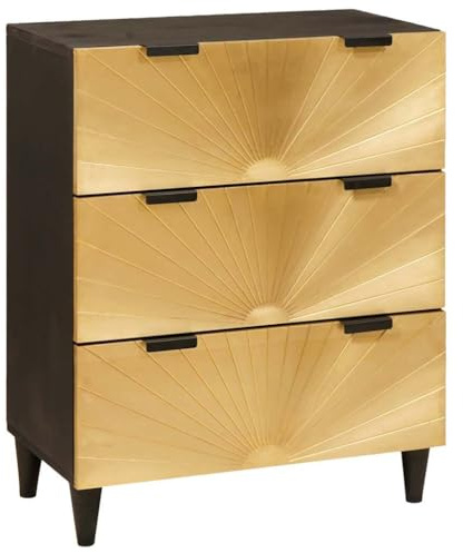 Sideboard Schwarz Gold 60x33x75 cm, massives Mangoholz, mit Schublade, 3 Staufächer, eleganter Stauraum für Wohnzimmer, Esszimmer