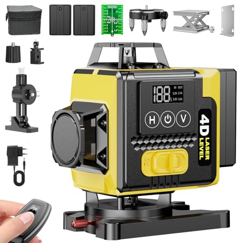 Livella Laser 4D Verde 16 Linee (4x360°) – Laser da cantiere autolivellante, Display LED per livello batteria, Modalità a impulsi per esterni, 2 batterie da 2400 mAh, Telecomando & Custodia morbida