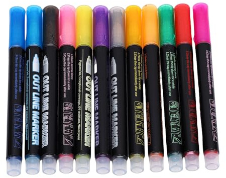 ZASCHMOY Shimmering Dual Line Pens Metallic Outline Marker Set Double Art for Doodle Calligraphy Painting Crafts 12 Vibrant Colors Fiber Tip ABS