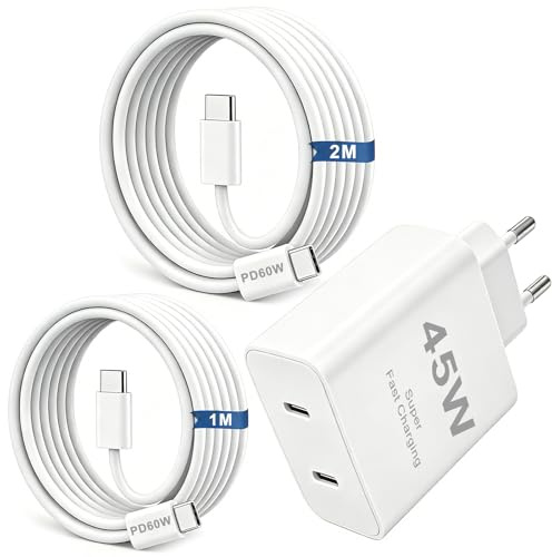 Rantuia 45W USB-C Schnellladegerät PD 3.0 PPS, EU Stecker Ladeadapter mit 1M & 2M USB-C Ladekabeln, Kompaktes Reise Ladegerät für iPhone 16/15, Samsung S24/S23, iPad Pro, MacBook, Weiß