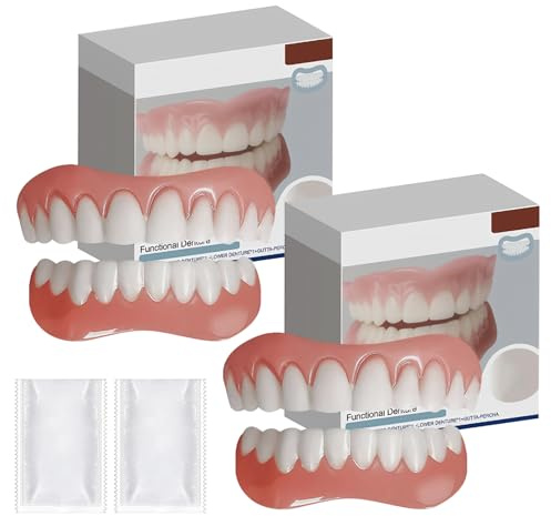 4 Articles Faux Dentier Provisoire Pour Manger Prothese Dentaire Amovible Dentier Amovible Haut Et Bas Prothèse Dentaire Souple Fausse Dent Colle Naturelle Et Esthétique Avec 2 Adhésifs Dentaires