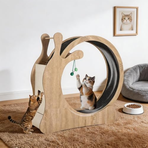 Katzenlaufrad XXL, 95cm Leise Katzen-Laufrad Mit Kratzbrett Und Spielbälle, Katzenrad-Trainingsgerät Mit Abnehmbarem Teppich, Katzenlaufband Minimiertem Lücken Die Meisten Katzen Zum Laufen/Gehen-Holz