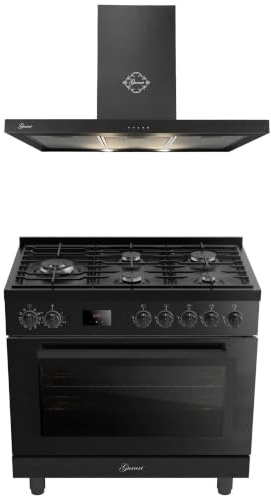 Gurari Küchen Set Gasherd mit Dunstabzugshaube 90 cm Schwarz GCH E 818 BL+GCH F 461 BL 9 Gas Standherd 90 cm, Elektro Backofen 126 L, Hydro Clean, 4 Kw WOK, Air Fry, Drehspieß + Abzugshaube 1000m³/h