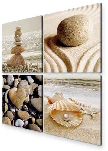 B&D XXL - Wandbilder Set Strand 80x80 cm 4 Teilig je 40x40 Vlies Leinwandbild Kunstdruck modern Wandbilder XXL Wanddekoration Design Wand Bild mehrteilig - Meer Wasser Muscheln Zen beige