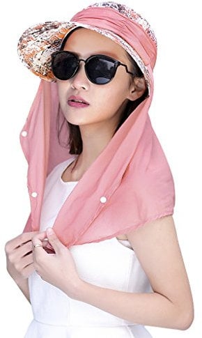 Damen Sommer Sonnenhut Anti-UV Hut, Frauen Strandhut Sommerhut, doppelfunktionale Hüte Kappe mit Abnehmbarer Nackenschutz