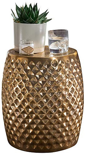 Wohnling Beistelltisch 32x42x32 cm Aluminium Anstelltisch Gold Orientalisch Rund, Flacher Hammerschlag Sofatisch Metall, Design Wohnzimmertisch Modern, Ablagetisch Indisch Telefontisch