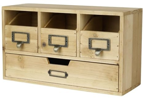 Flexzion Holz Schreibtisch Organizer Schubladen-Set Aufbewahrungsschrank – Naturholz Büro Aufbewahrung Schrank/Schmuck DIY Bastelprojekt Zubehör Organizer mit 4 Schubladen Türen für Zubehör