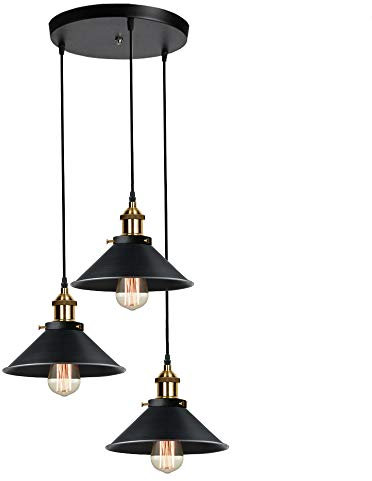 iDEGU Industrielle Pendelleuchte 3-flammige Hängelampe Stil Vintage in Eisen Pendellampe E27 Fassung 22cm Schwarz Lampenschirm Hängeleuchte für Esszimmer Wohnzimmer Küche (3-flammig, Rondell)