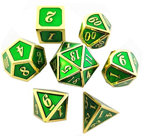 Yourandoll 7 STÜCKE Zinklegierung Metall Würfel Polyeder Würfel D20 D12 D10 D8 D6 D4 für Dungeons und Dragons DND RPG MTG Würfel Tischspiele 16mm (Grün Golden)