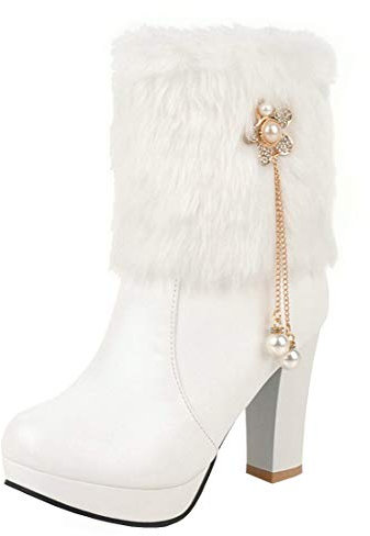 LUXMAX Stivaletti Donna Tacco a Blocco Tacchi Alti di Pelliccia Caviglia Stivali Corti con Plateau Cerniera (Bianco) - 41 EU