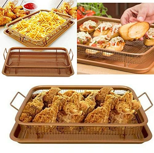 ADEPTNA 2PCS Copper Infused Multi-Purpose Crisper Tray Set Non Stick Mesh Pan Air Fryer Oven Grill Tray Basket (Rectangle Crisper Tray Set)