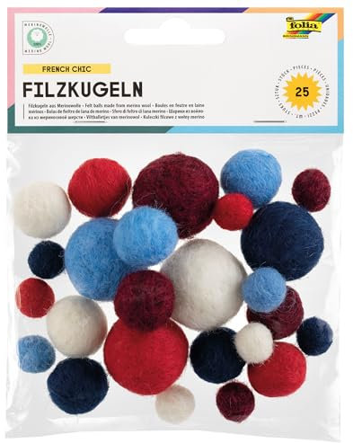 folia 5283 - Filzkugeln French Chic, 25 Kugeln aus 100 % Merinowolle, sortiert in 5 verschiedenen Farben und 3 Größen, ideal für Mobiles, Girlanden, uvm.