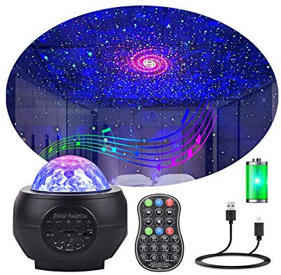 LED Sternenhimmel Projektor Galaxy Light mit Batterie 32 Lichtmodus Bluetooth Musikplayer Timer Sternenlicht Projektor Starry Wasserwellen Nachtlicht für Erwachsene Kinder Zimmer Deko Weihnachten