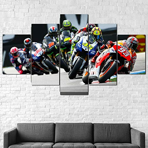 ZHRMGHG 5 Teilig Leinwand Wanddeko Motogp Marquez Rossi Bikes Race Gerahmt Malerei Leinwanddrucke Geschenk 5 Stück Leinwand Bilder Moderne Wandbilder XXL Wohnzimmer Wohnkultur