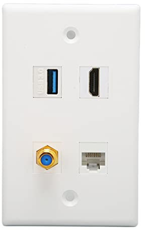 4 Port HDMI Coax Ethernet Wall Plate, HDMI, USB 3.0, TV F Type, RJ45 Coax Ethernet Media Wall Outlet Plate, RJ45 Cat6 Coupler, Compatible with Cat5 Cat5e Cat6 Cable