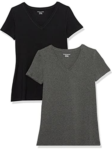 Amazon Essentials Maglietta con Scollo a v a Maniche Corte vestibilità Regolare Donna, Pacco da 2, Nero/Carbone Puntinato, XS