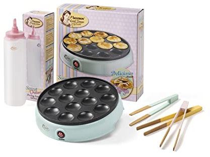 Bestron Poffertjesmaker, Vorteilspaket inkl. Teigflasche & 3-Set Servierzangen, ideal für Weihnachten, Ostern oder Kindergeburtstage, Retro Design, 800 Watt, Farbe: Mint/Rosa