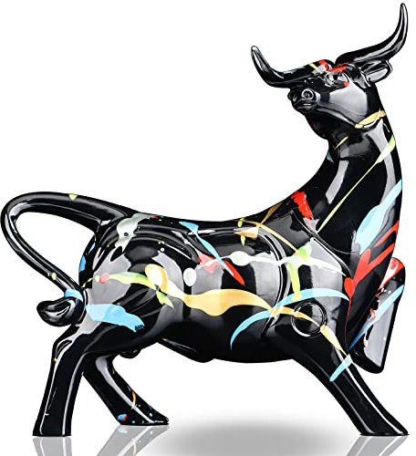 LCCCK Dekorative Bullenstatue, solide, bunte Stierfigur, Dekoration, moderne abstrakte Stier-Skulptur aus Kunstharz, geeignet für Innendekoration, Bücherregal, Tischplatte, Tafelaufsatz