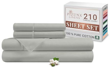 Pizuna Cotton Percale Double Bed Sheet Set Silver 100% Long Staple | Combed Cotton Bedding, 230x280 cm, Percale Weave 4 Pc - Fitted Sheet & 2 Pillowcases