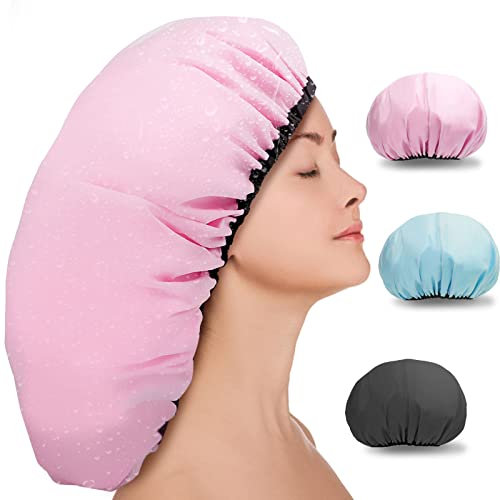 Sheomern 3Pcs Jumbo Shower Cap for Women, Extra Large Shower Caps EVA & Satin Lined Dual Waterproof Reusable, XXL Adjustable Shower Cap for Long Hair, Braids, Curly, Dreadlocks, Locs