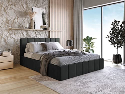WFL GROUP Samtstoff Polsterbett Doppelbett Komplett 120x200 140x200 160x200 180x200 cm Slim Bettgestell Mit Bettkasten Lattenrost und Kopfteil - Hydrophobe Stoff - Samt Bett - Schwarz - 180 x 200 cm
