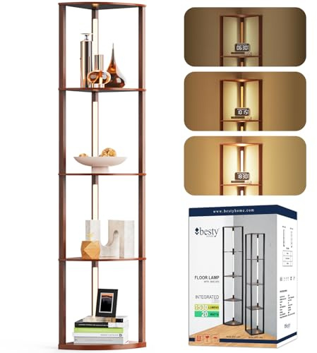 BESTY HOME Floor Lamp with Shelves, Corner Lamp for Living Room with Shelf with Minimalist Design LED Light for Home & Office Decor & Bedroom (Dark Brown, Quadrant)