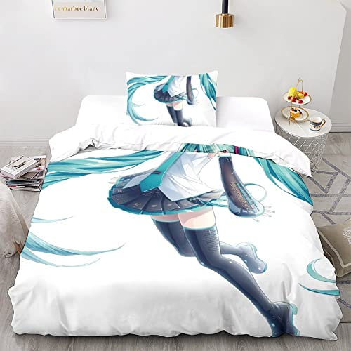 CPSUN Hatsune Miku Bettwäsche 3D Bettbezug Set Bettwäsche Set 3 Teilig Bettbezüge Mikrofaser Bettbezug Mit Reißverschluss Und Kissenbezug Single（135x200cm）