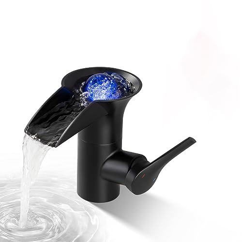 QREZAA Wasserhahn Bad Wasserfall Messing Waschtischarmatur LED Bad Wasserhahn mit RGB 3 Farbewechsel Waschbecken Armatur Schwarz Einhebelmischer Warm und Kalt Wasser Mischbatterien Bad