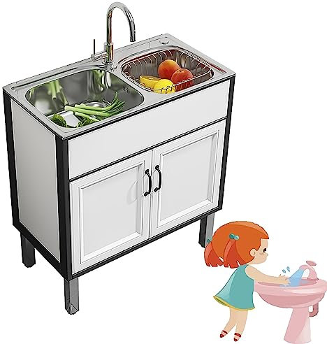 Évier cuisine, Evier Exterieur Inox Professionnel,Meuble Sous Evier Cuisine 2 Bac,évier Buanderie Indépendant,evier exterieur de jardin, avec robinet d'eau chaude et froide, Accessoires D'installation