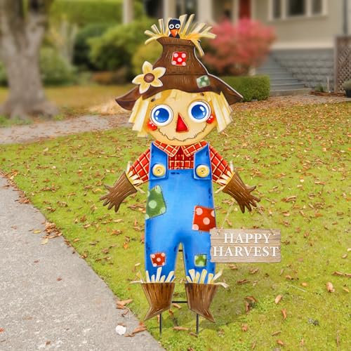 Whaline Épouvantail décoratif en métal pour l'automne - Grande Taille - Panneau de Cour Happy Harvest avec piquets - Panneau de Bienvenue d'automne - pour l'automne, Thanksgiving, la Maison, Le