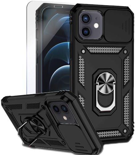 Teayoha Camera Case for iPhone 12/12 Pro,with Screen Protectors, Military Grade Shockproof Cover with Magnetic Rotatable Ring Kickstand Protective Case (6.1-inch),Black