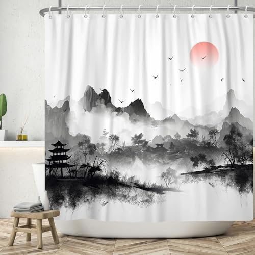 ASDCXZ Duschvorhang 180x200 cm, Chinesischer Stil Tinte und Waschen Malerei Berg Sonnenuntergang Waschbar Bad Duschvorhänge Polyester Textil Wasserdicht Duschvorhang für Badewanne mit 12 Haken