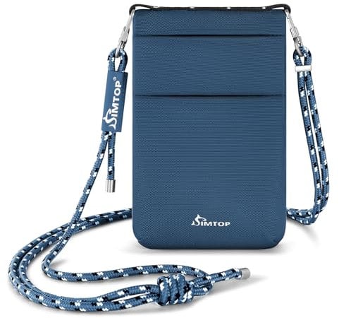 SIMTOP Kleine Handy Umhängetasche Brustbeutel Wasserdicht mit RFID-Schutz,Smartphone Handytasche mit Umhängen für Passport,Kreditkarten,Münzen und Reise Zubehör Leichte Tasche Blau