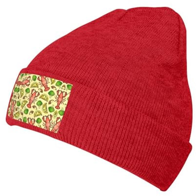 WURTON Mütze mit Hummer- und Zitronenmuster, Unisex, weich, warm, für den Alltag, als Geschenk für den Winter, Strickmütze, Weihnachten, Geburtstag, Rot/Ausflug, einfarbig (Getaway Solids),