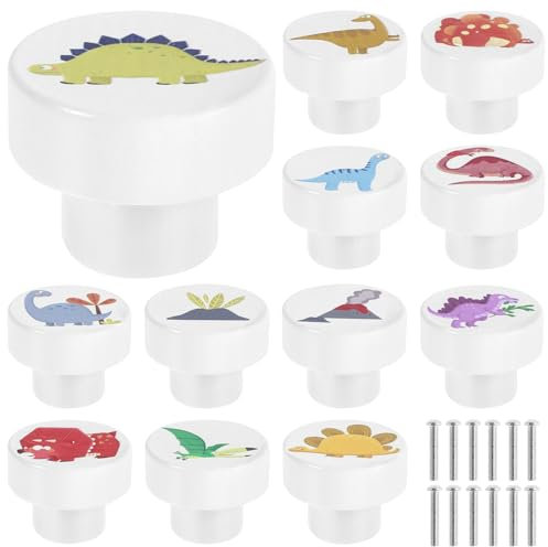 12Pcs White Wooden Drawer Knobs with Screws 35mm Dinosaur Pattern Round Dresser Knobs Decorative Wood Cabinets Handles Creative Drawer Pull Handle for Nursery Cabinet Closet