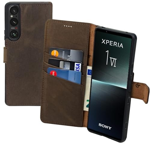 Suncase Book-Style Hülle kompatibel mit Sony Xperia 1 VI 6 (2024) Leder Tasche (Slim-Fit) Lederhülle Handytasche Schutzhülle Case mit 3 Kartenfächer in antik-braun