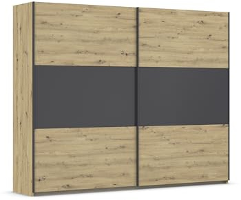 Rauch Möbel NEO, Schwebetürenschrank, Eiche Artisan/Grau metallic, 261 cm | Kleiderschrank mit Schwebetüren, Schiebetüren, 2-türig, für Schlafzimmer, Kinderzimmer, Jugendzimmer, Homeoffice, Garderobe