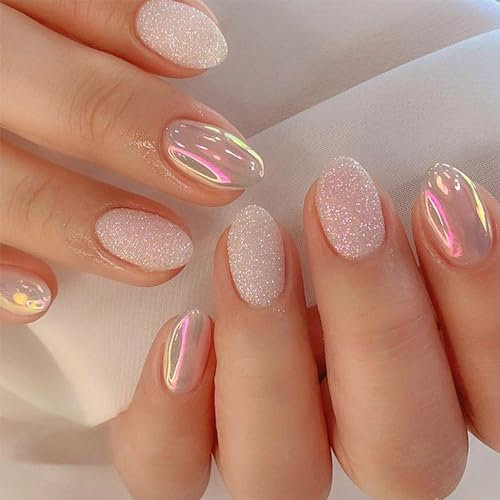 NICENEEDED 24 faux Ongles Ovales Courts, Aurora Stick Sur les Ongles, Presse Rose Pailletée Sur les Ongles Ongles à Colle Amovibles Ongles à Couverture Complète