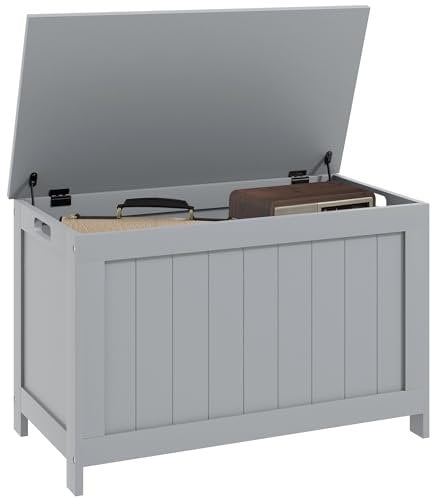 HOMCOM Storage Chest, Modern Storage Trunk with 2 Safety Hinges and Cut-out Handles, Wooden Toy Box for Living Room, Entryway, 76 x 40 x 48 cm, Grey