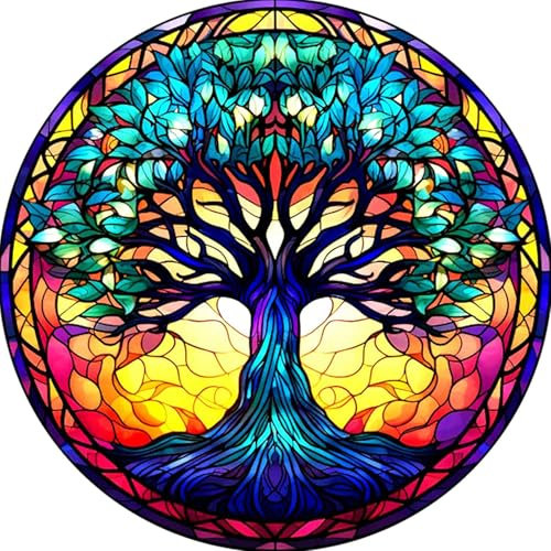 MEIYUDA Diamond Painting Complet Vitrail, 5D Peinture Diamant Adulte Enfant Diamond-Painting Arbre de vie, Diamant Strass Point de Croix Cristal Painting pour Murale Décoration 30x30cm