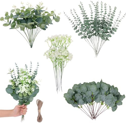 4 Arten 70 Stück Künstliche Eukalyptus Pflanzen, Schleierkraut, Girlande für Hochzeit Dekoration, Baddeko, Tischdeko Grün, Deko Taufe, Garten Deco